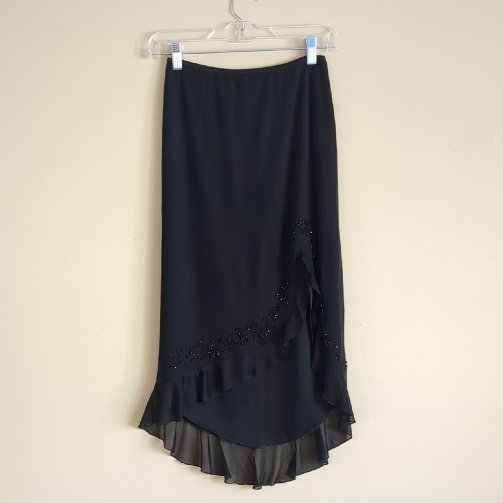 11" Across The Waist Stretchy Black Embellished Skirt Sheer Overlay